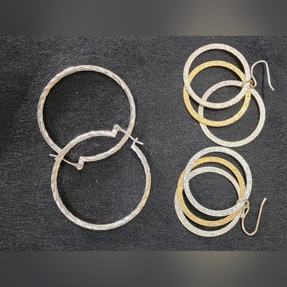 Set of 2, 925 silver hoops, 925 dangly 2-tone earrings - Picture 7 of 8